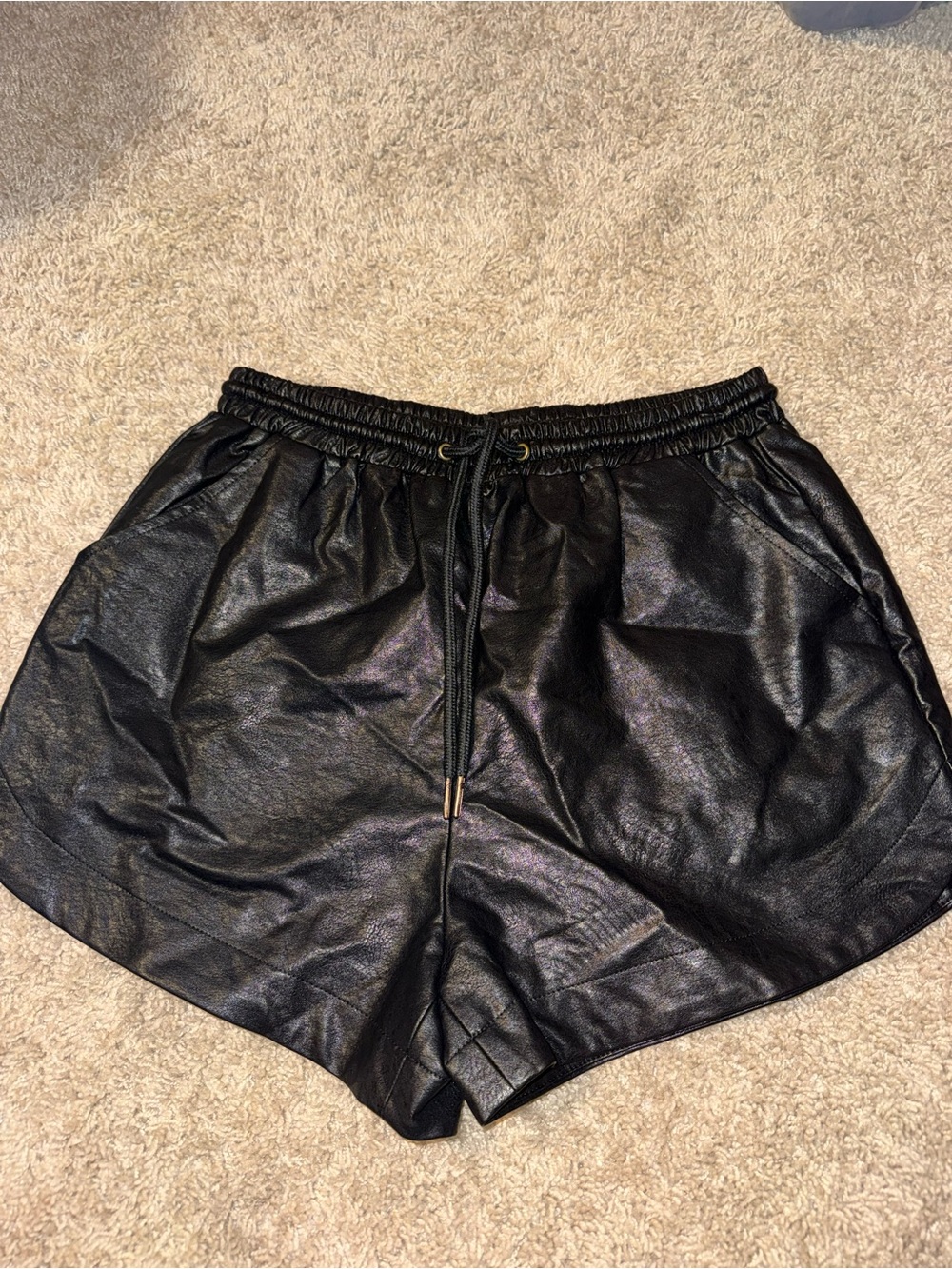mittoshop Black Faux Leather High Waist Drawstring Shorts